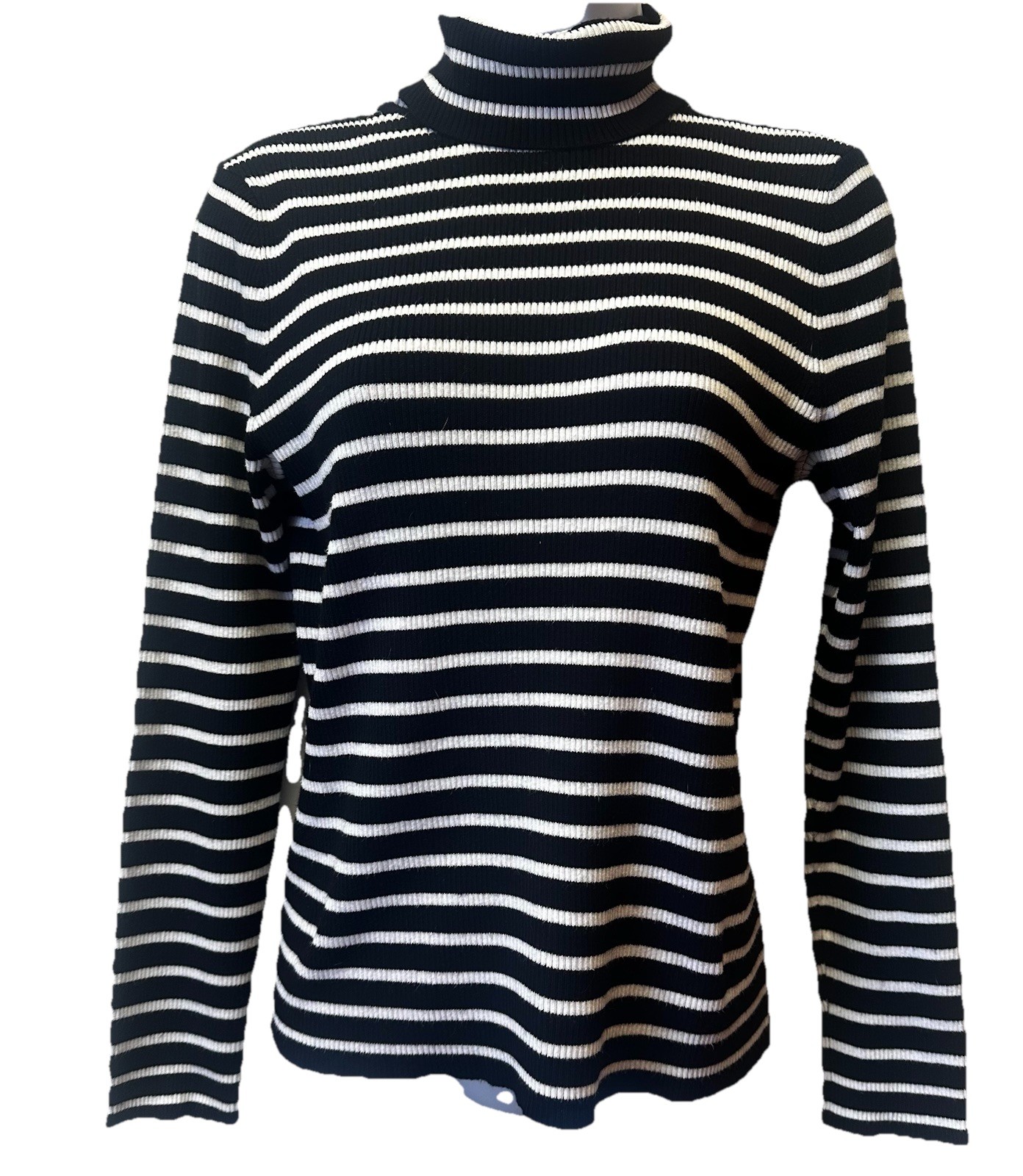 Chico’s 1 Knit Top Cozy Stripe Turtleneck Long Sleeve Black White Size S Ribbed