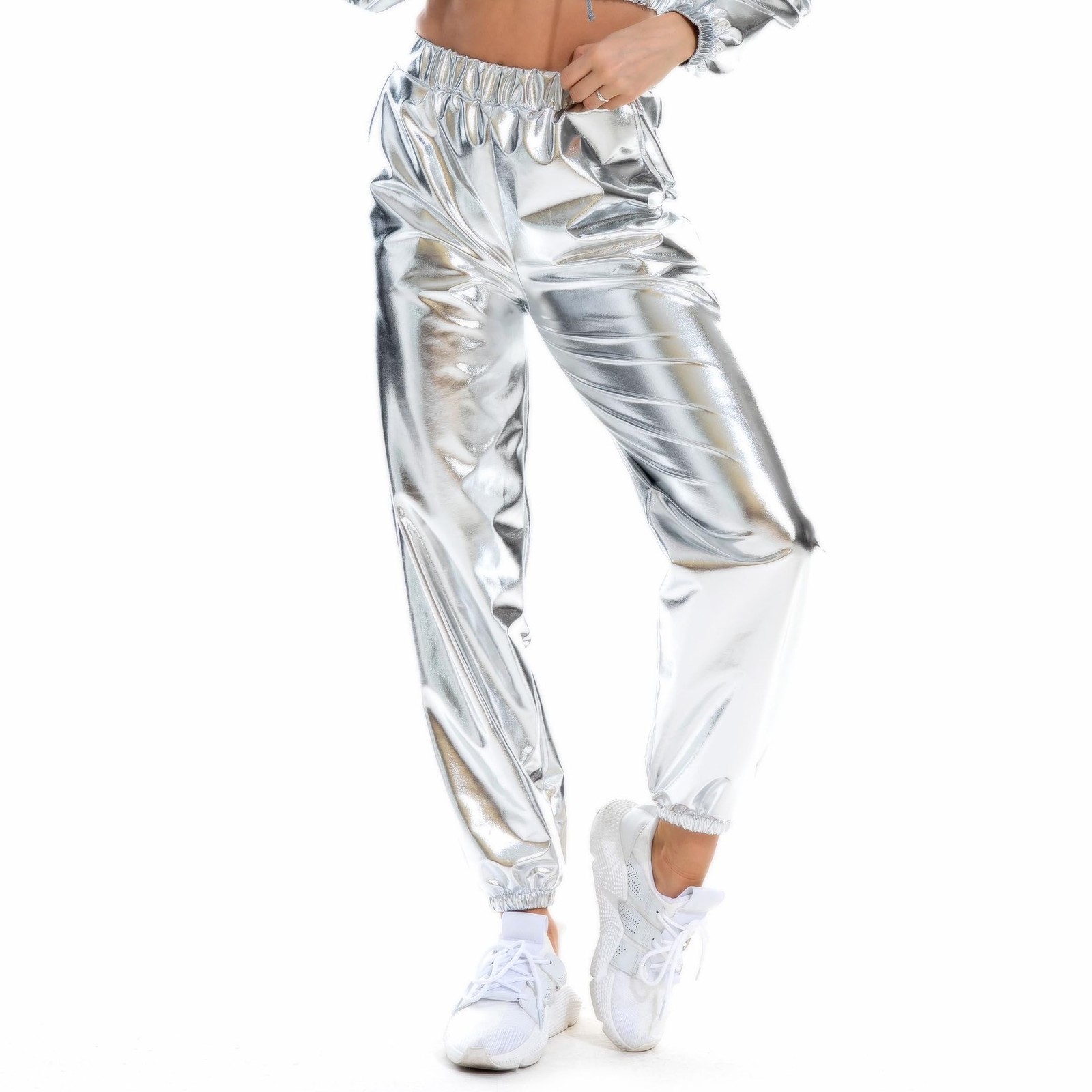 Women's Metallic Shiny Jogger Pants Holographic Hip Hop Streetwear Trousers gallery