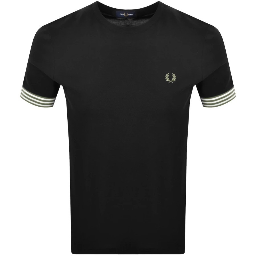 FRED PERRY STRIPED CUFF PIQUE COTTON T-SHIRT BLACK LARGE RRP £60 BNWT