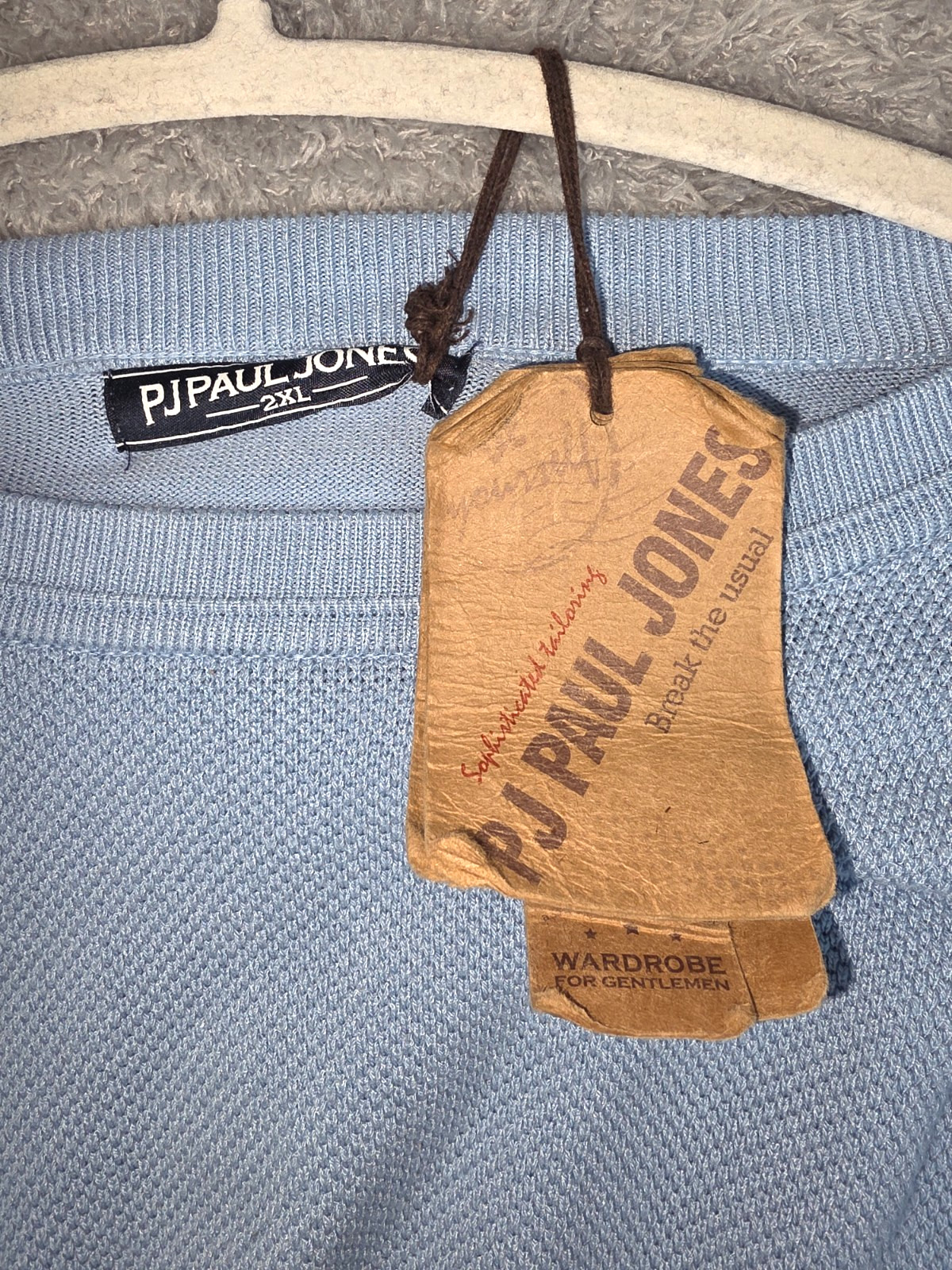 PJ PAUL JONES Mens Knitted T-Shirt Ribbed Cuff Crew Light Academia Blue 2XL gallery