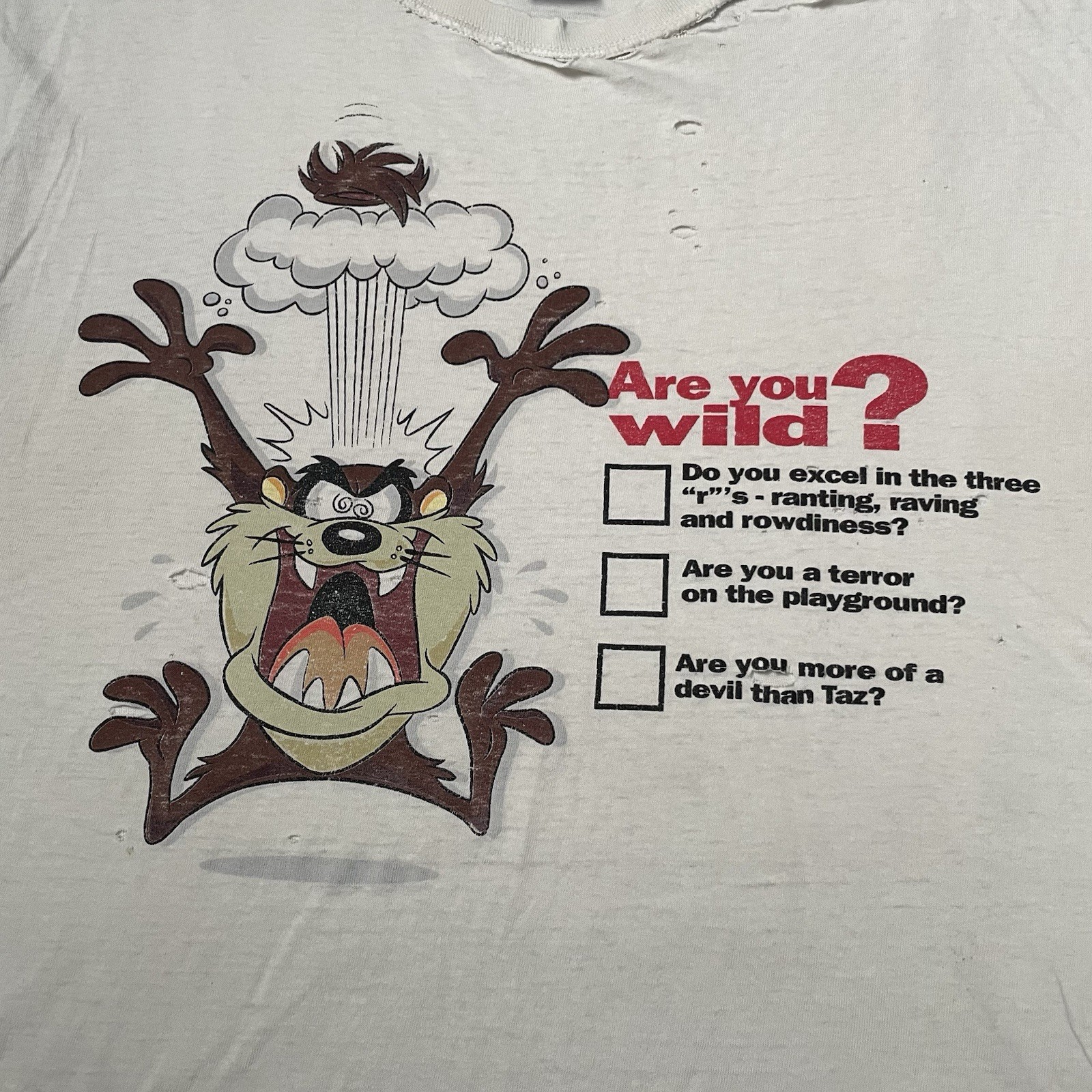 Vintage 90s Taz Looney Tunes Distressed Worn Faded Cut Off White Shirt Adult 2XL gallery