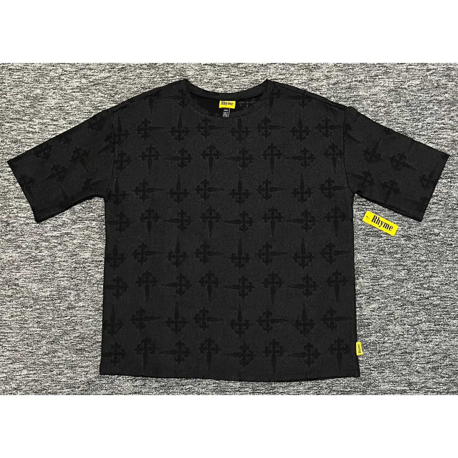 Rhyme Mens Black Embossed Fleur-De-Lis Cross Streetwear T-Shirt Size Medium