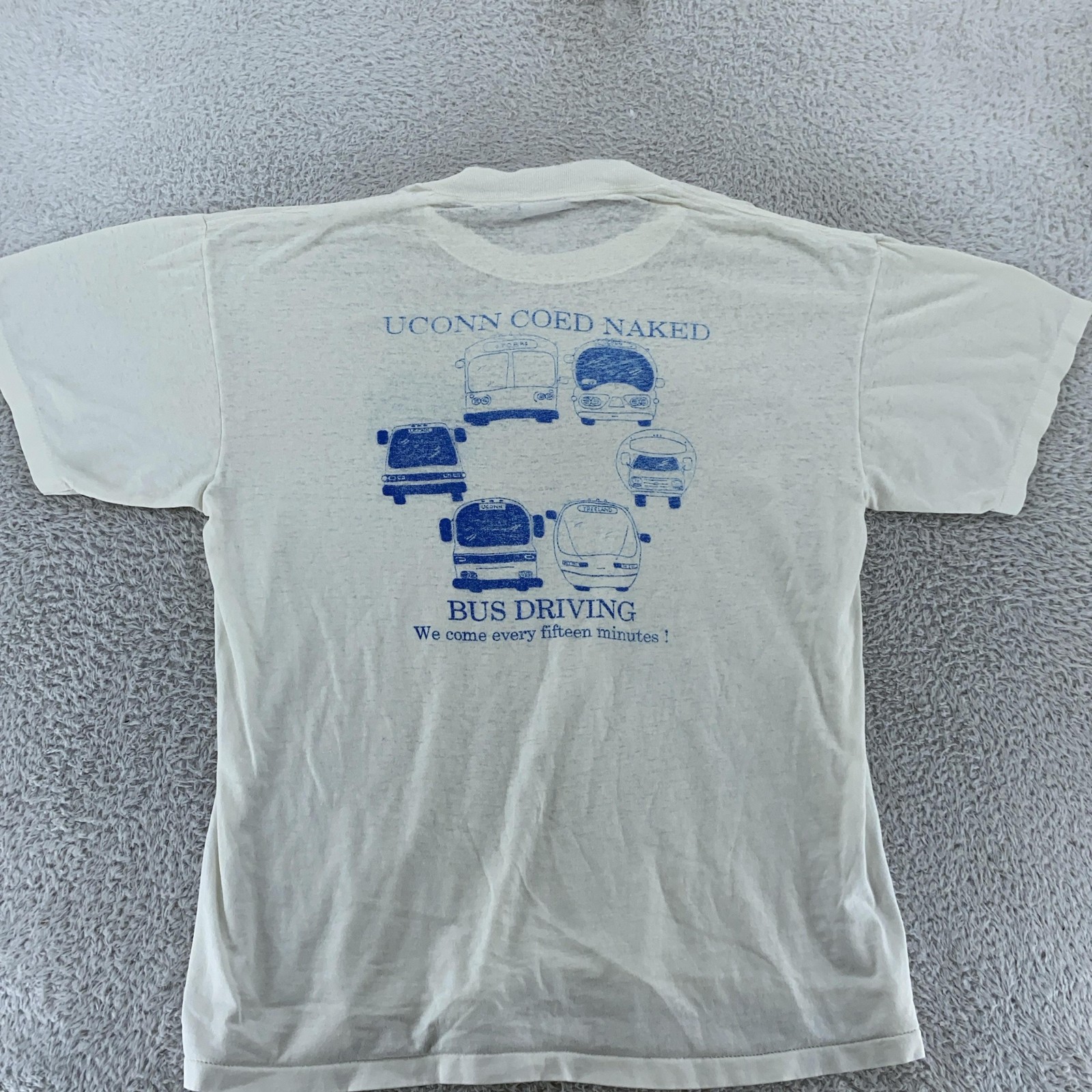 SHEER Distressed Vtg UConn Coed Naked Bus Driving Shirt L Sex Joke Huskies 90s gallery