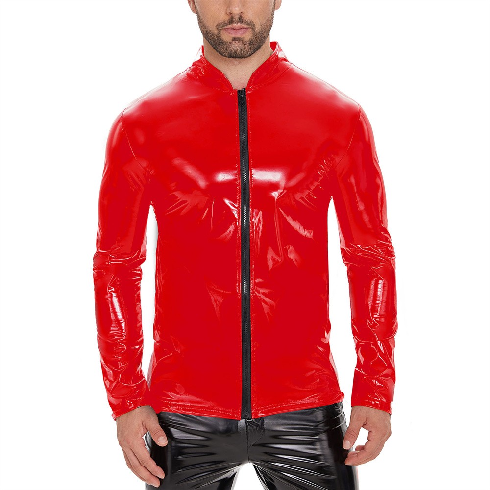 Men Long Sleeve T-shirts Wet Look PVC Leather Tops Slim-fit Zipper Jacket Shirts gallery