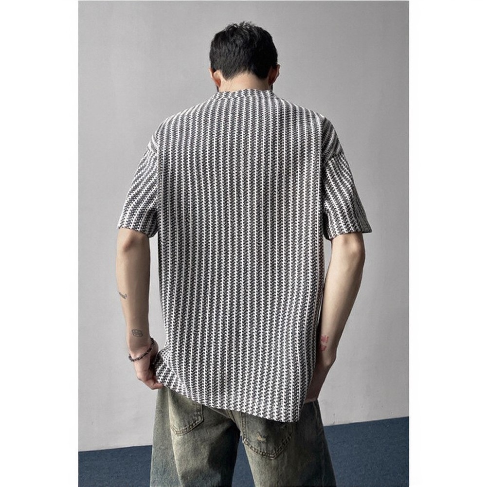 Men Casual Style Fishbone Texture V Neck T Shirt Loose Fit Striped Top L-4XL gallery