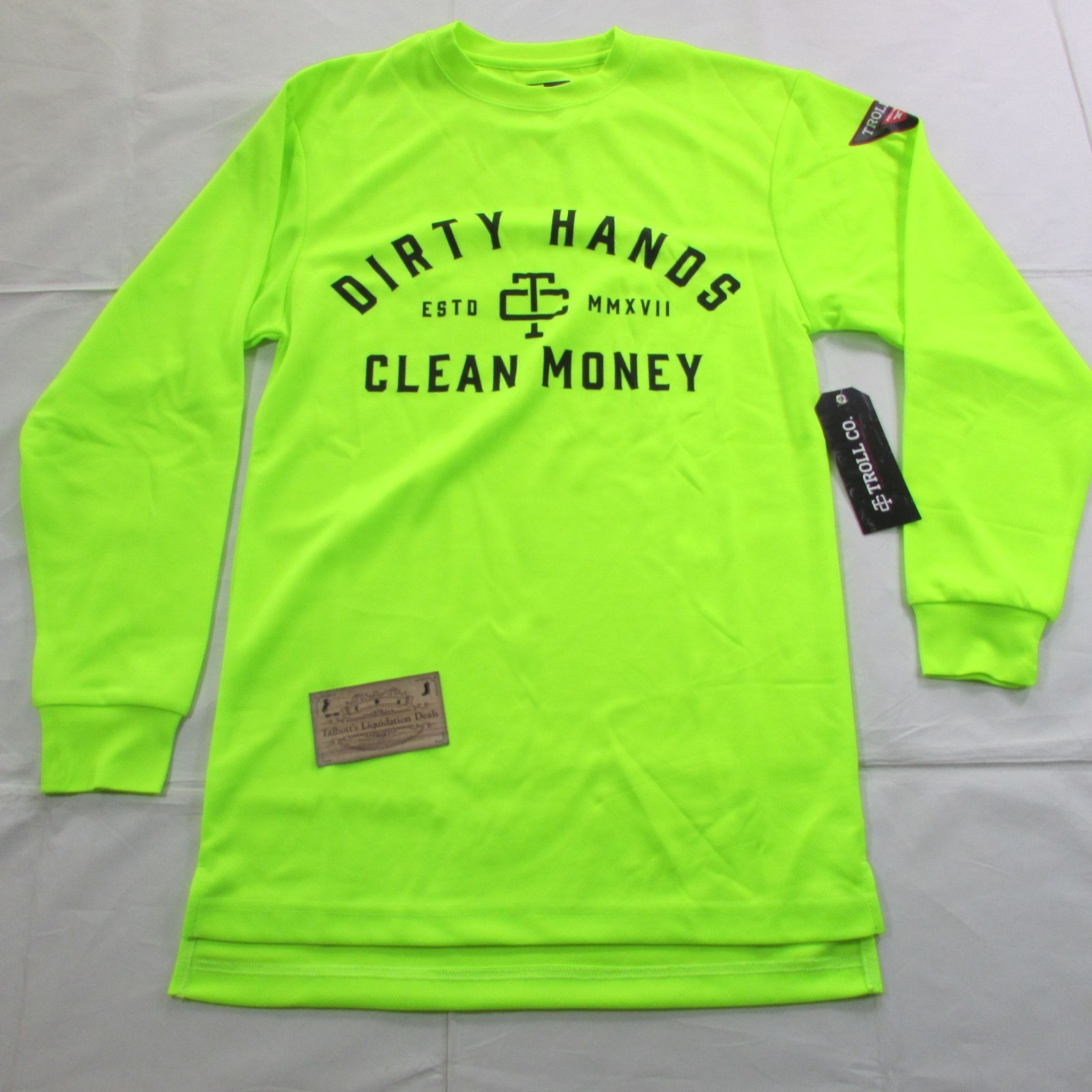 Troll Co Men’s SM Long Sleeve Hi Vis Dirty Hands Clean Money Graphic Shirt Lime