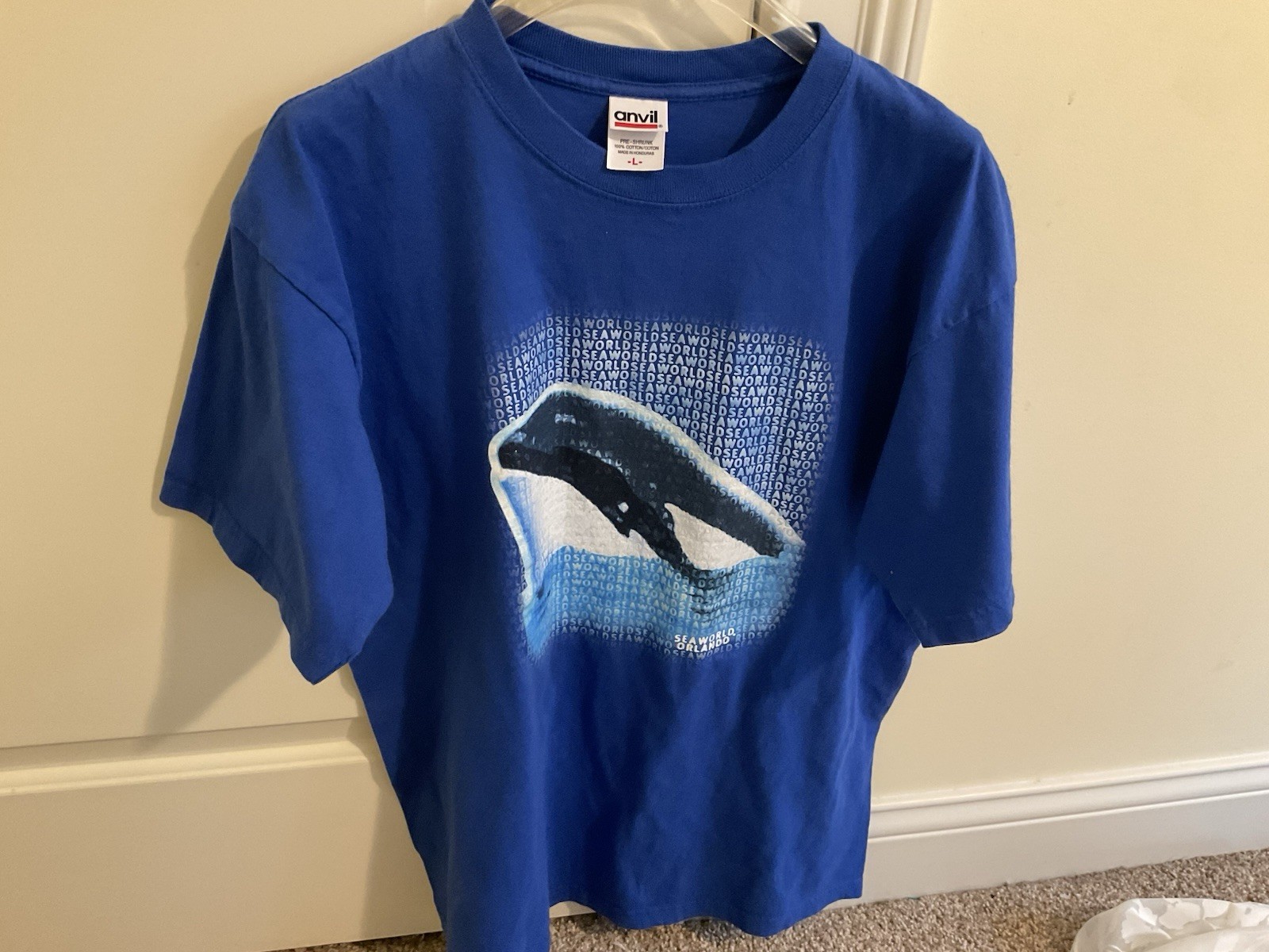 Rare Sea World Fl Raised Rubber Letter Orca Shamu Jumping Blue T Shirt L