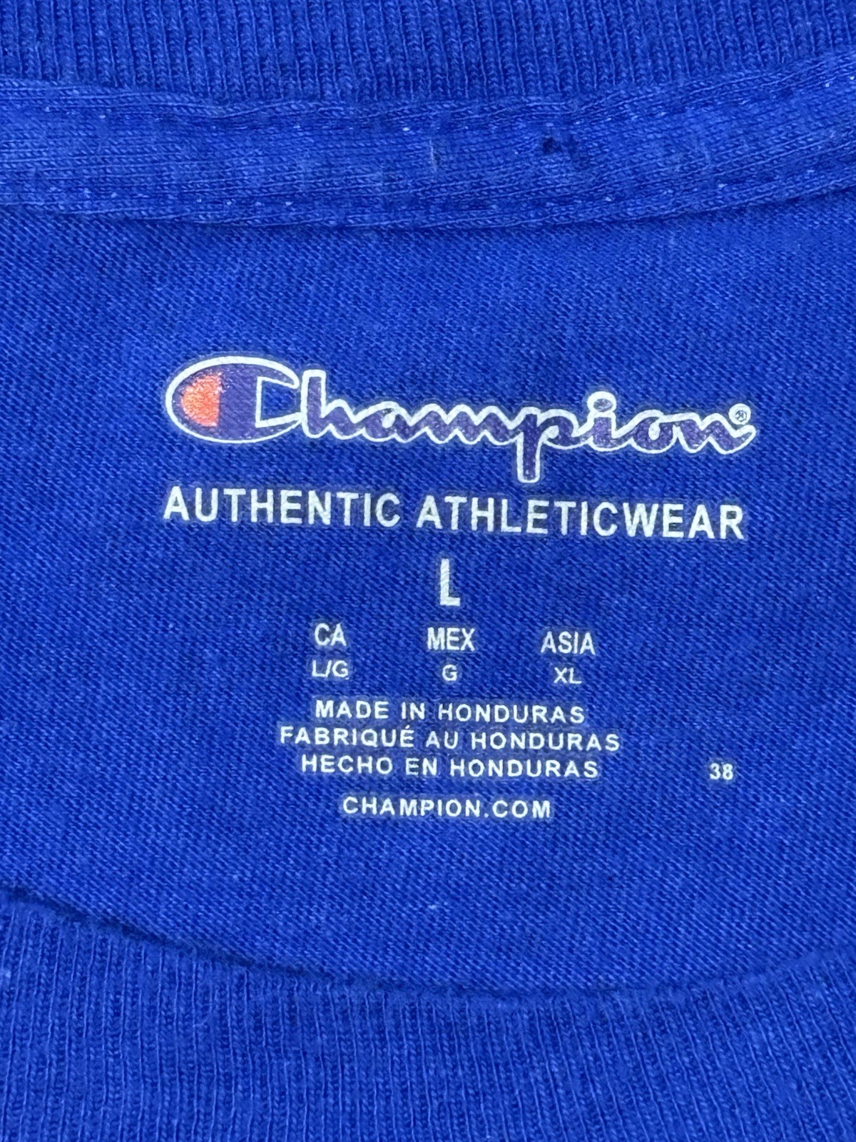 Champion Authentic Men’s Large Blue Spell out T-shirt Embroidered Logo gallery