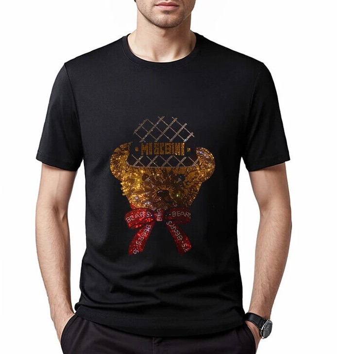 New Men Fashion Diamond Rhinestones Bear Luxury Black T-Shirt High Quality