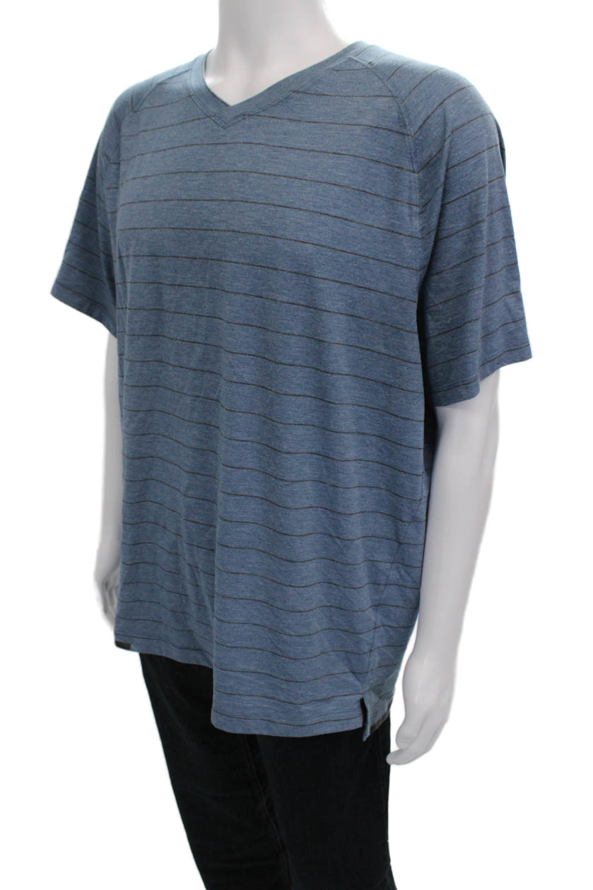 Lululemon Mens Blue Striped V-Neck Short Sleeve Nylon Blend T-Shirt Size XL gallery