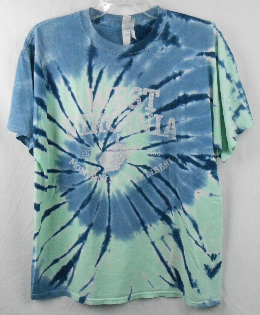 West Virginia State Souvenir Adult L Tie Dye Blue Green Logo T-Shirt Gildan gallery