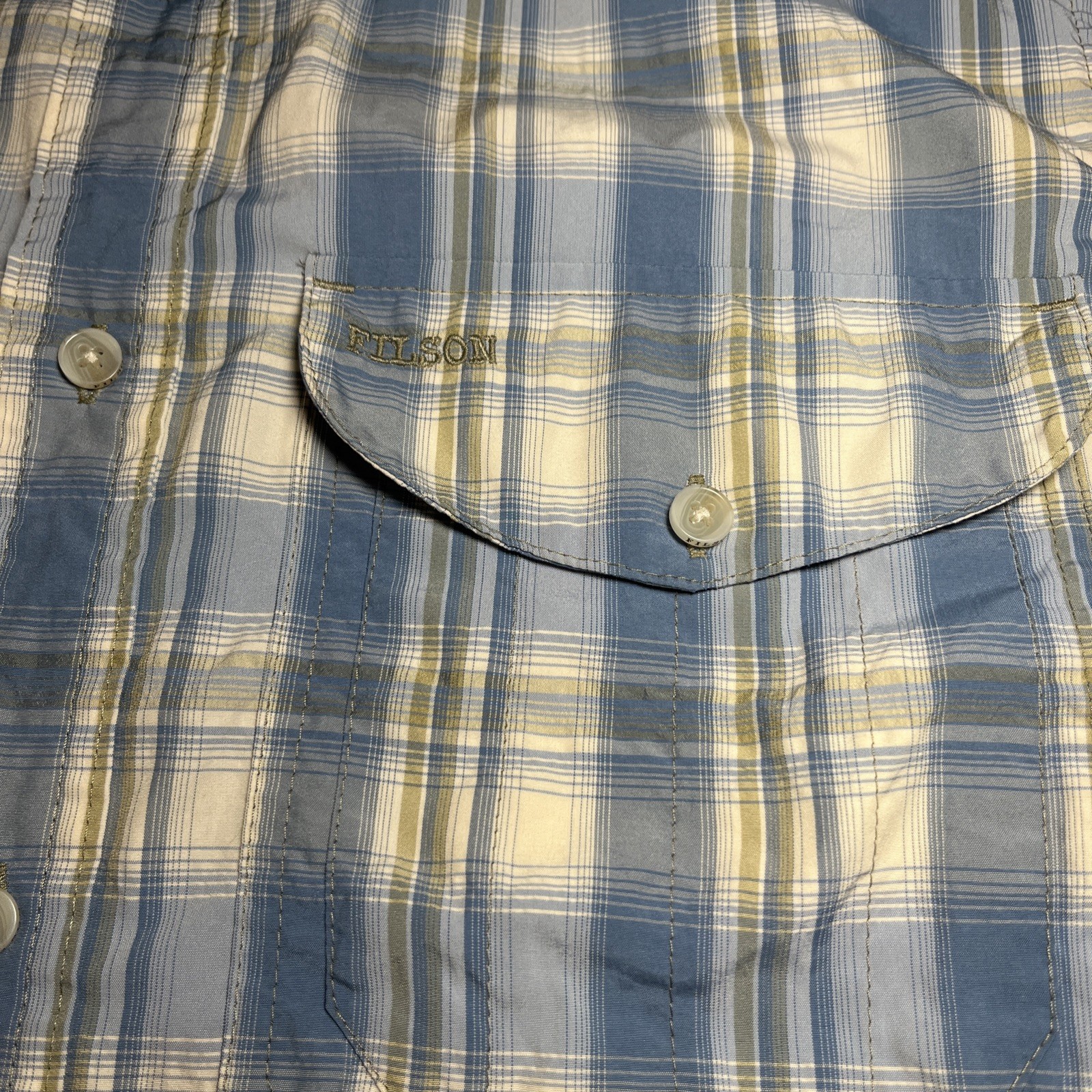 Mens FILSON Blue Plaid Short Sleeve Vented Button Shirt Large gallery
