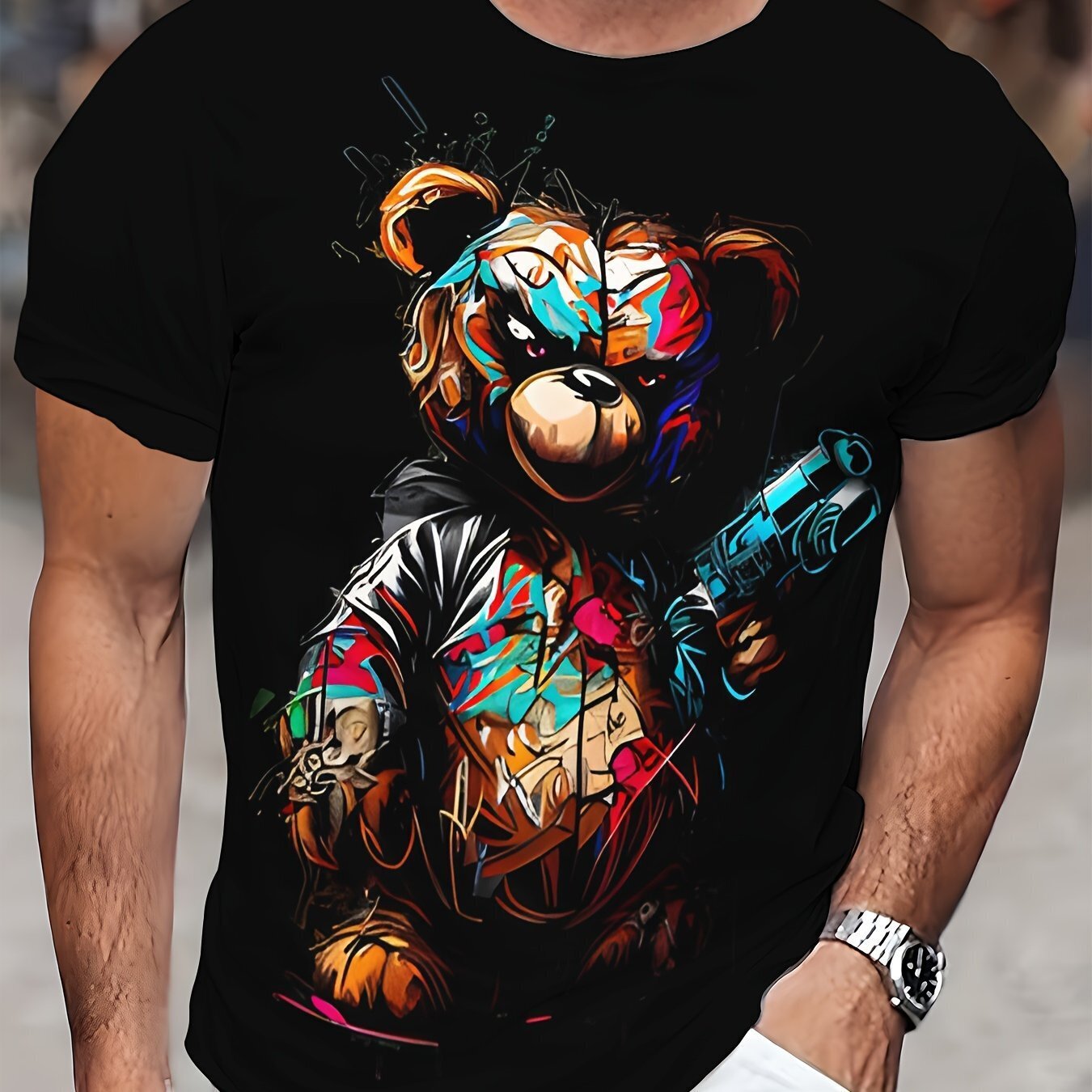 Men's Casual Short Sleeved T-shirt, Unique Bear Print - Soft Polyester Fiber, Ma gallery