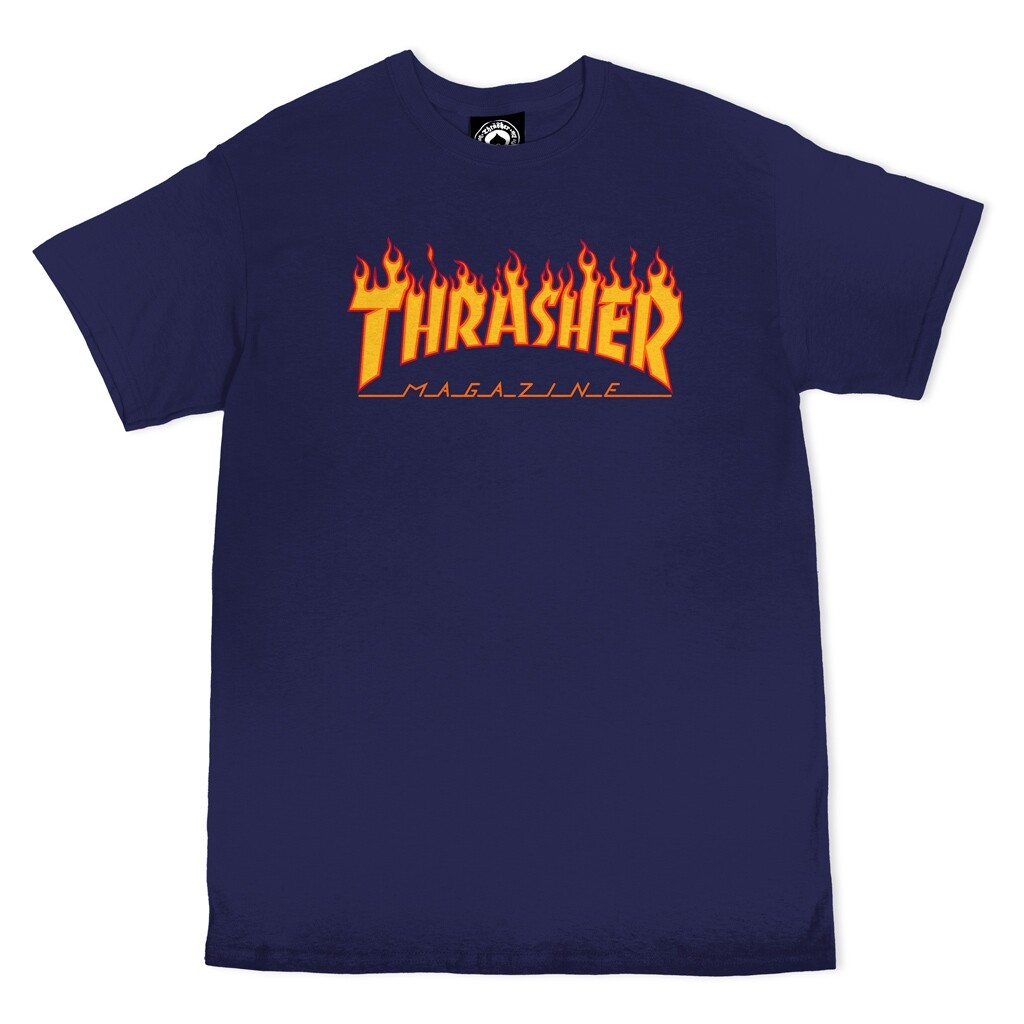 Thrasher Magazine FLAMES LOGO Skateboard T Shirt NAVY