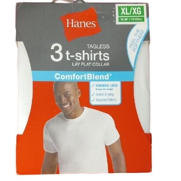Hanes Size XL T-Shirts 3-Pack Comfort Blend Tagless Lay Flat Collar White NEW gallery