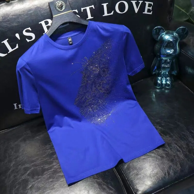 New Men Fashion Leopard Trend Hot Diamonds Rhinestones Summer Luxury T-Shirt gallery