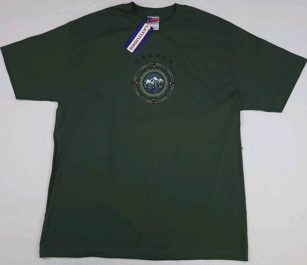 Vintage 90s Oregon Mountain Compass Print T Shirt NWT USA Made Outdoor Nature XL