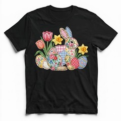 Easter Bunny Patchwork Floral Spring T-Shirt Holiday Cute Pastel Egg Lover Tee