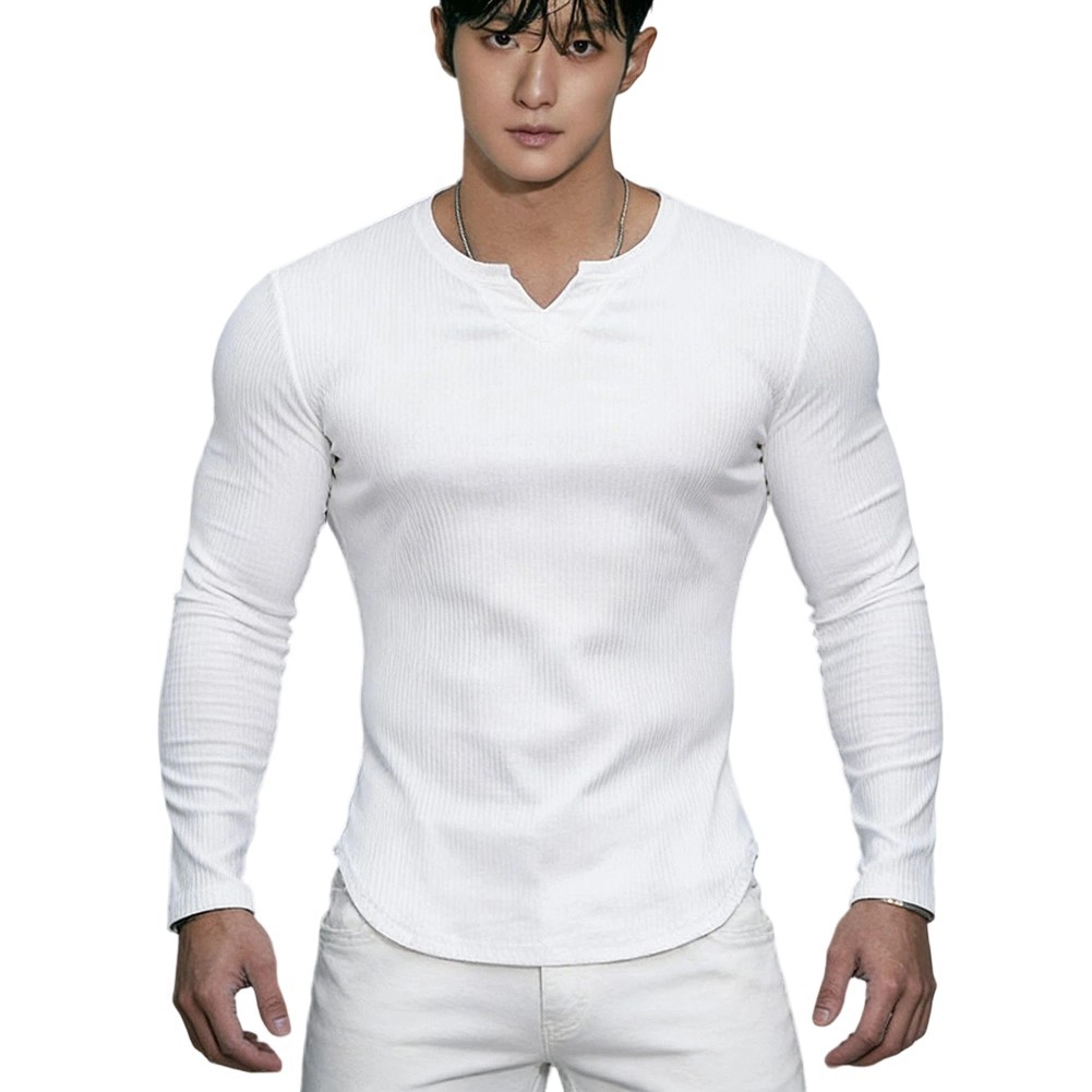 V Neck Long Sleeve Elastic Tee Top for Men Polyester Spandex Workout Streetwear gallery