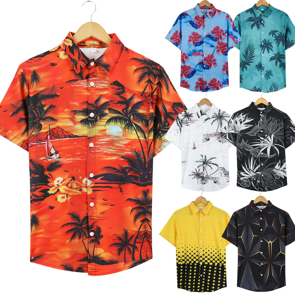 Hawaiian Shirt Mens Button Down Coconut Tree Print Beach Vacation Aloha Party gallery