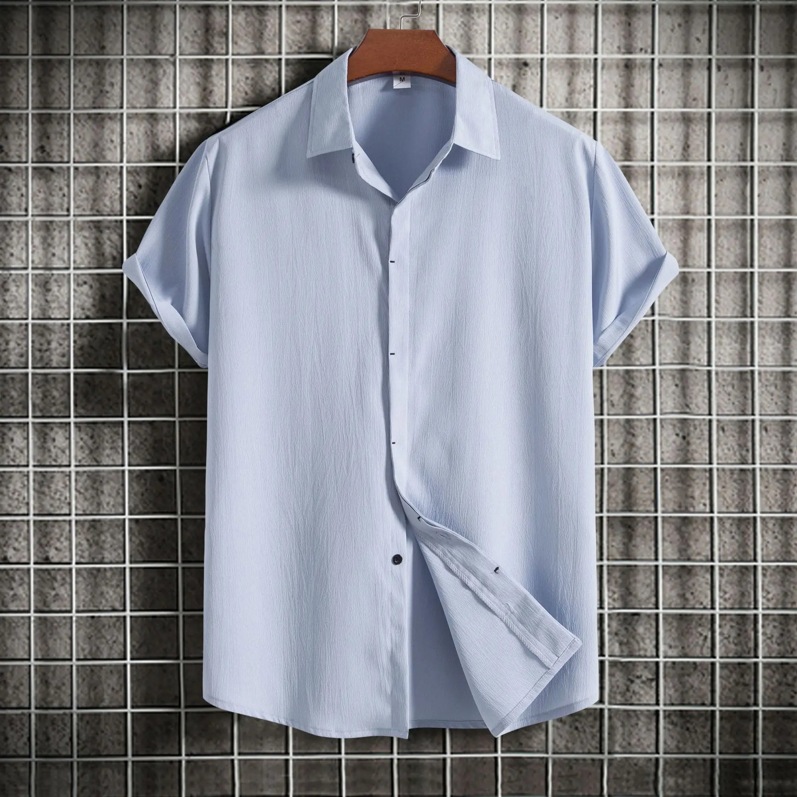 Loose Fit Pure Color Button up Short Sleeve Men's Shirt Summer New Arrival Clean gallery