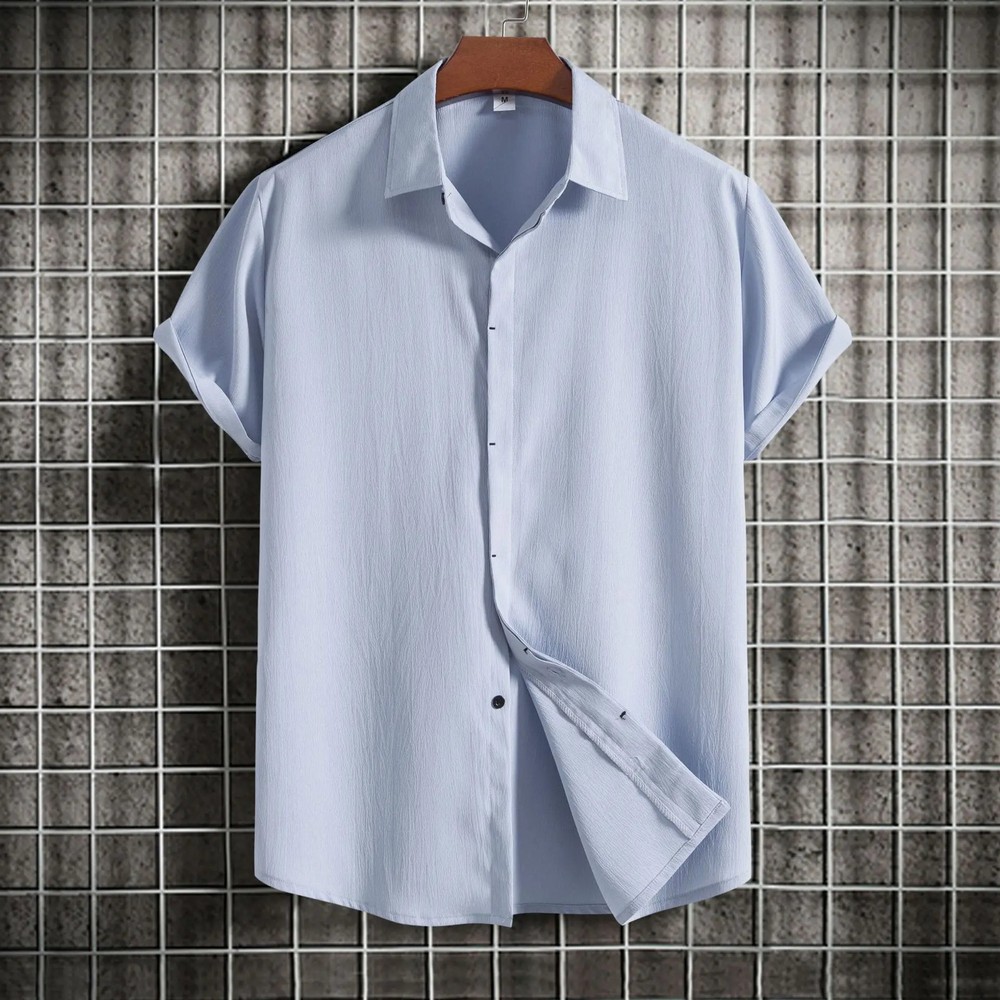 Loose Fit Pure Color Button up Short Sleeve Men’s Shirt Summer New Arrival Clean