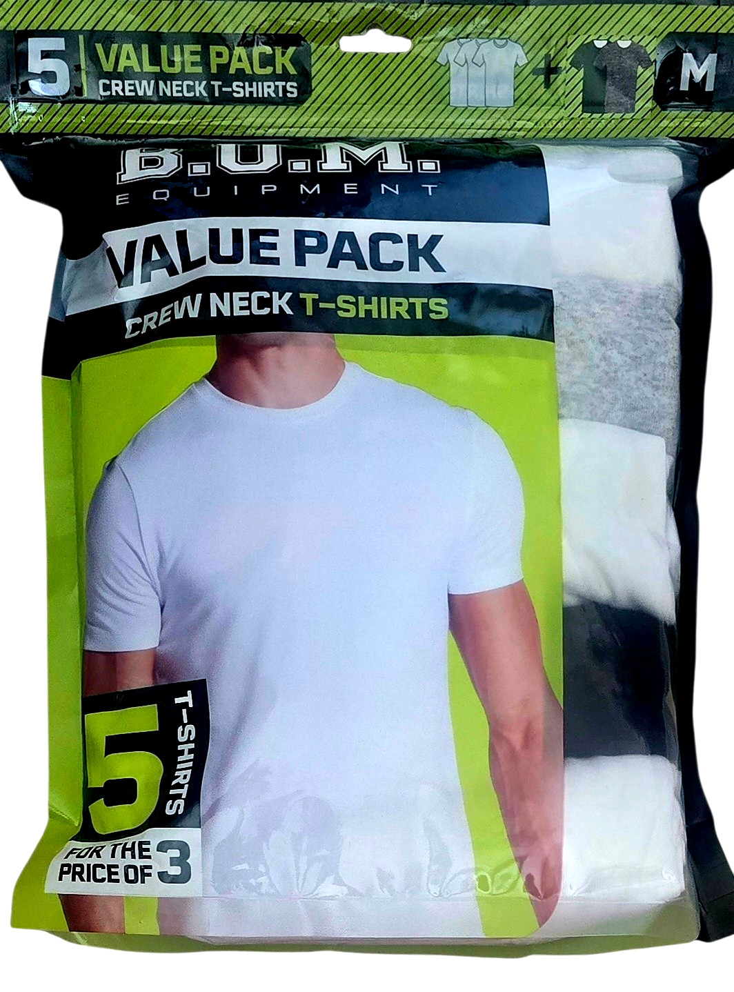 BUM 5x Value Pack Men’s T-shirts, Cotton (3 White, 1 Gray, & 1 Black), Medium