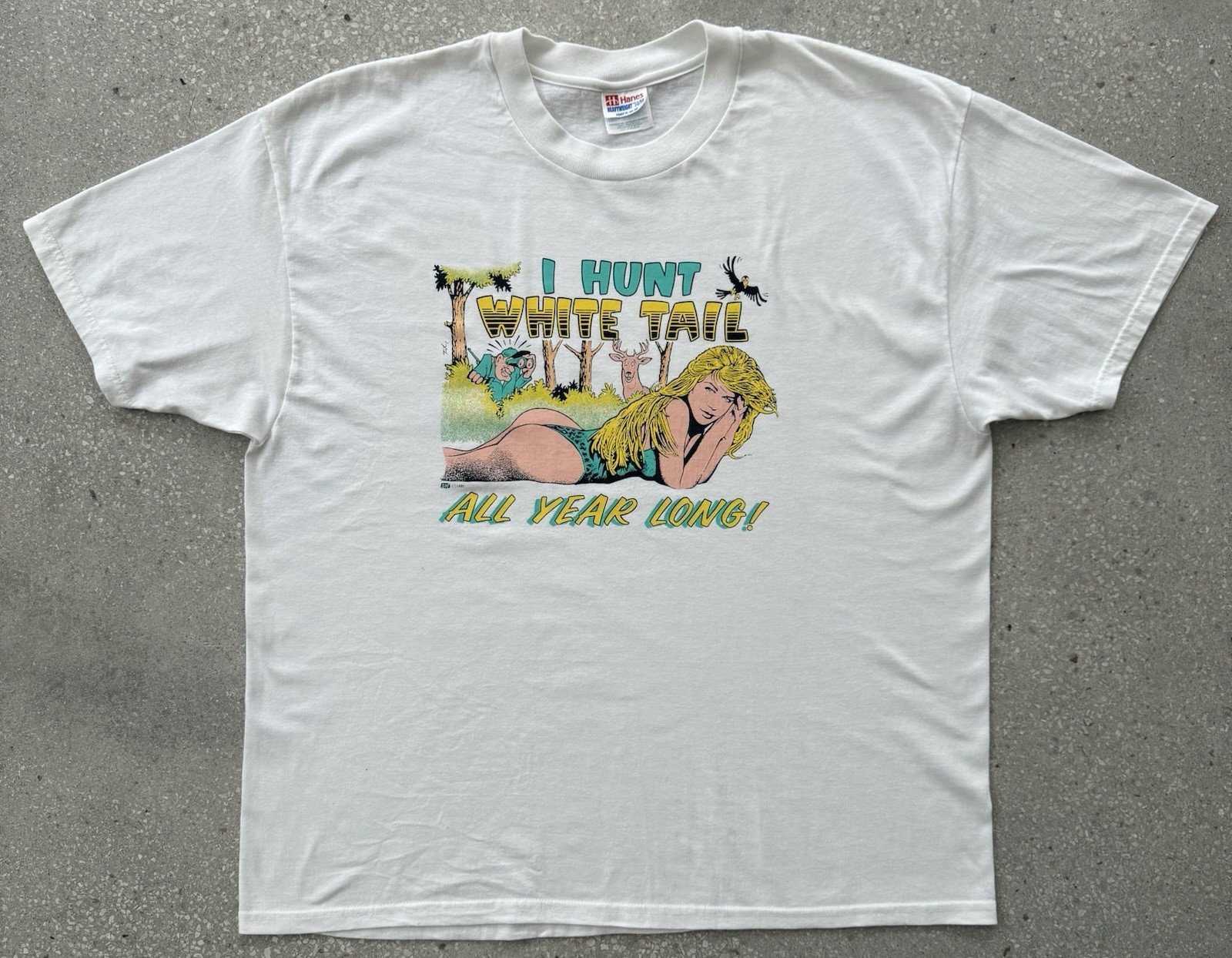 VINTAGE I HUNT WHITE TAIL ALL YEAR LONG T-SHIRT 1991 PARODY HUNTING DEER FUNNY gallery