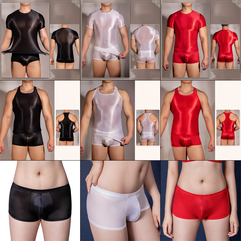 Sexy Men's Shiny Oil Tank Top Elastic Tank Top Transparent Fitness T-Shirt gallery