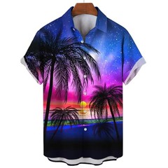 Mens Button Down Pink Neon Sunset Palm Tree Hawaiian Top Novelty Summer Shirt