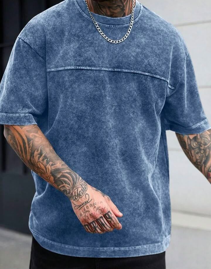 Men’s Acid Wash Blue T-Shirt Oversized Crew Neck Casual Streetwear Tee gallery