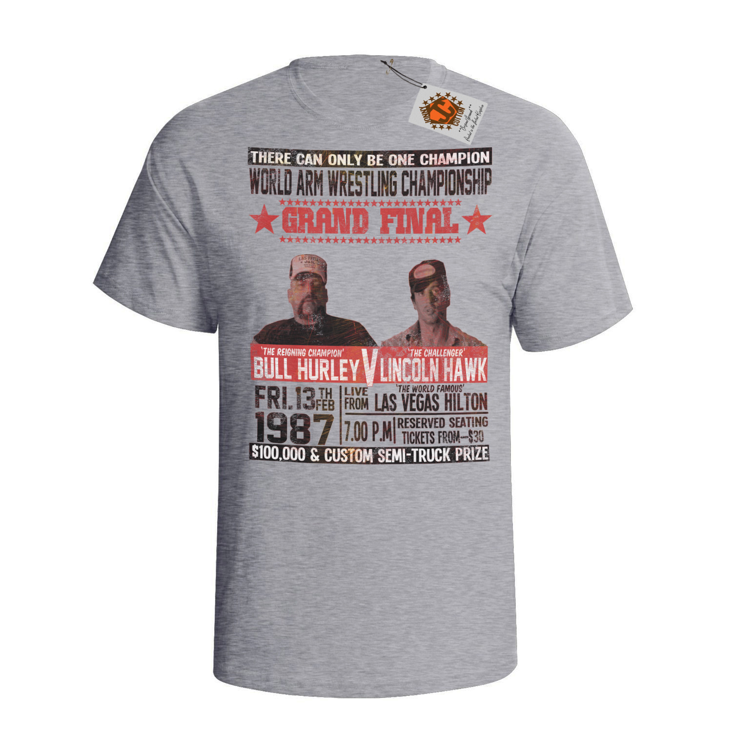 Over The Top Mens ORGANIC Cotton T-Shirt Inspired Arm WRESTLING Bull v Hawk 80`s