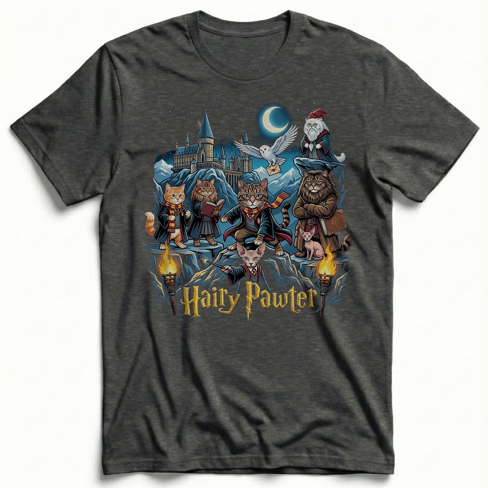 Hairy Pawter Wizard Magic Cat t-shirt Hogwarts Castle Kitten Owl Fantasy tee gallery
