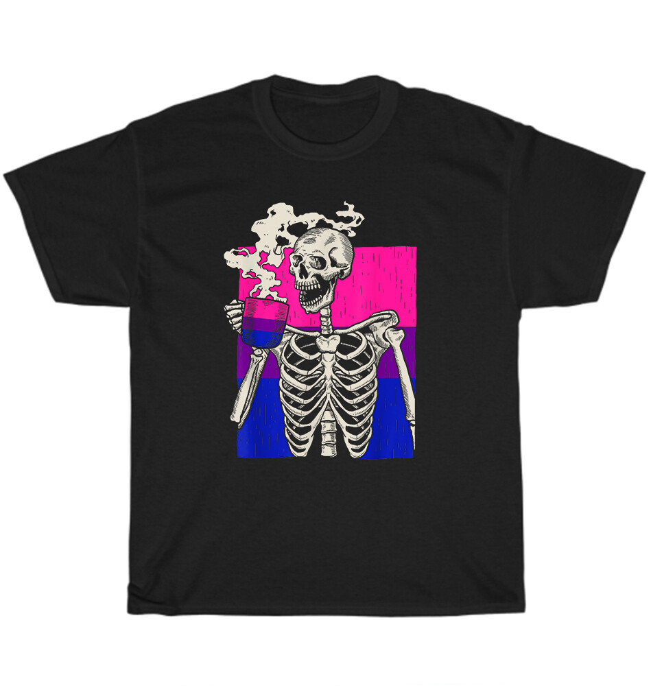 Skeleton Drinking Coffee Flag LGBT-Q Retro Bisexual Pride Month Ally T-Shirt NEW