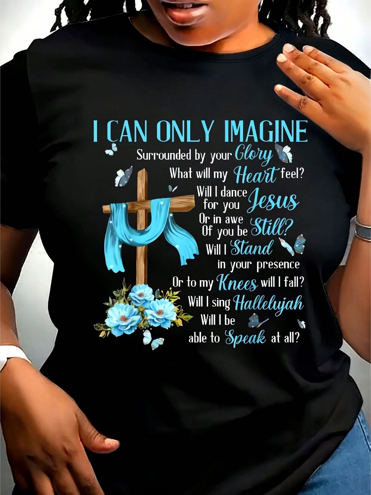 Women's Inspirational Christian TShirt I Can Only Imagine Cross And Blue Floral gallery