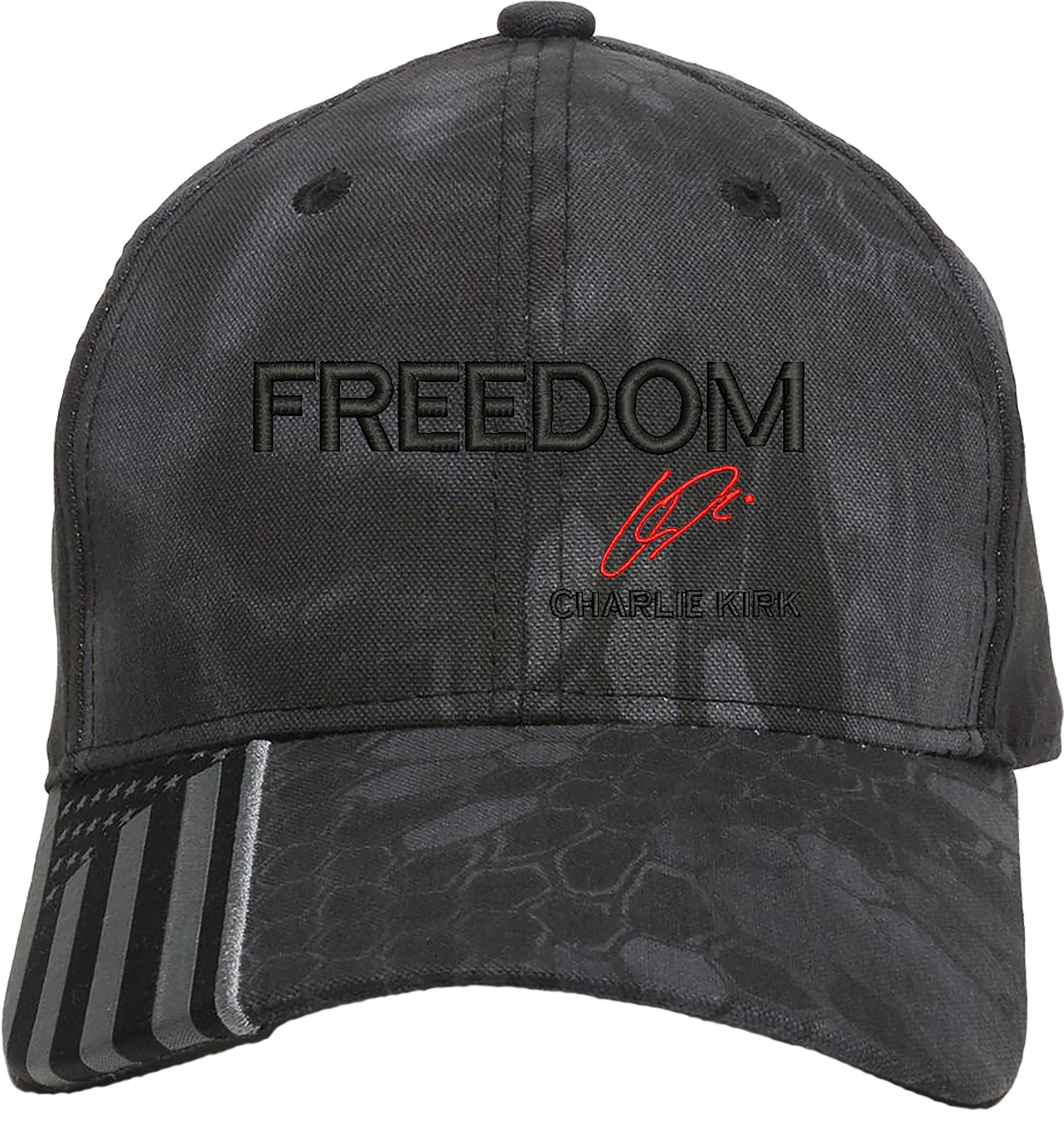 Freedom Charlie Kirk Signature Embroidered OFM Hat with US Flag on bill gallery