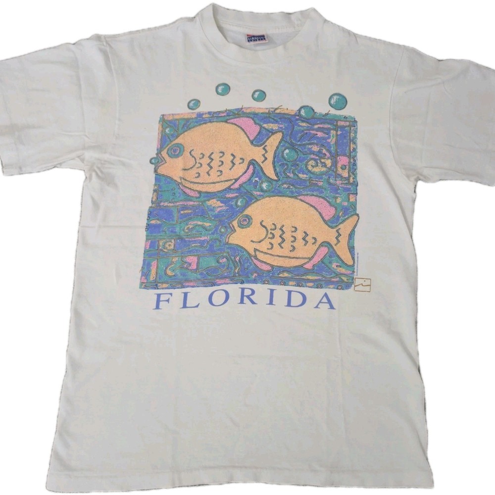 Vintage 1989 Florida Fish T Shirt Reef Single Stitch White Size Medium Ocean