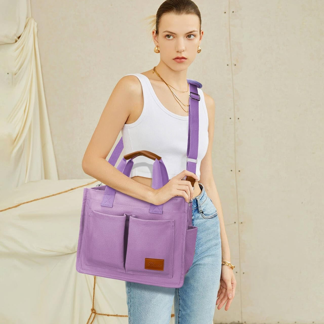 KKXIU Large Canvas Tote Bag for Women with Zipper and Compartments Crossbody ... gallery