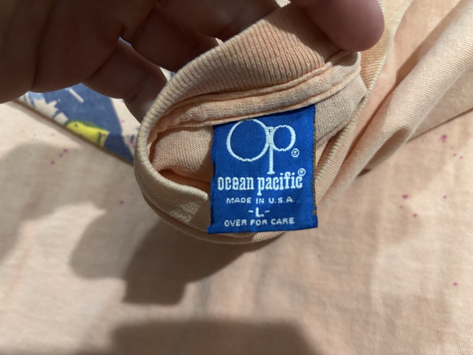 Vintage OP Shirt Large 80s Ocean Pacific Surf Art Tee Single Stitch Salmon Pink gallery