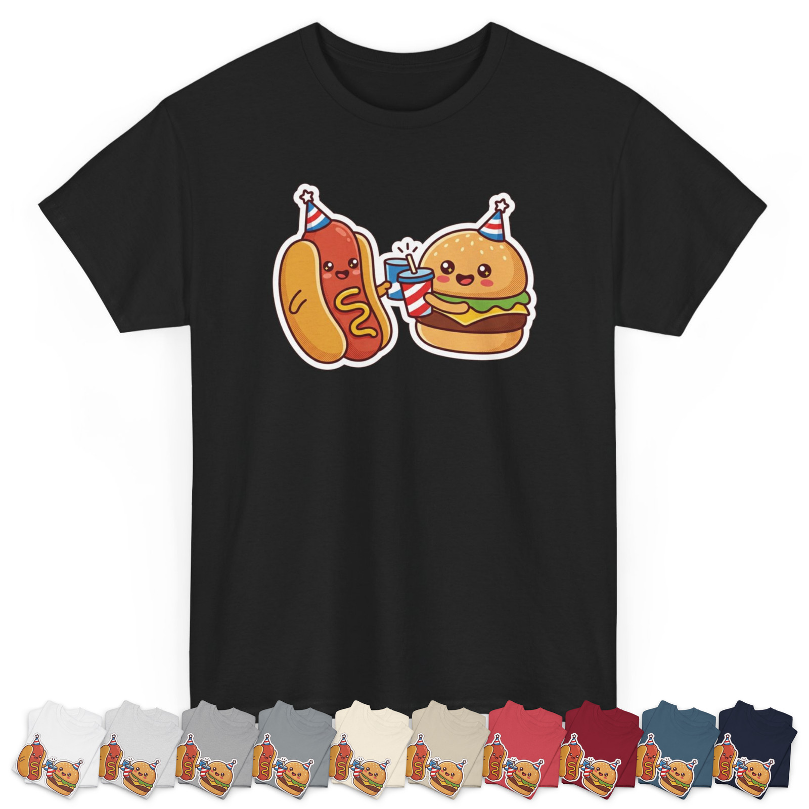 Mens Womens KAWAII Hot Dog & Burger Party Crewneck graphic T July 4th 250th 2026