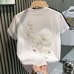Men’s Mythical Dragon Kirin Embroidery Short Sleeve Casual Summer T-Shirt