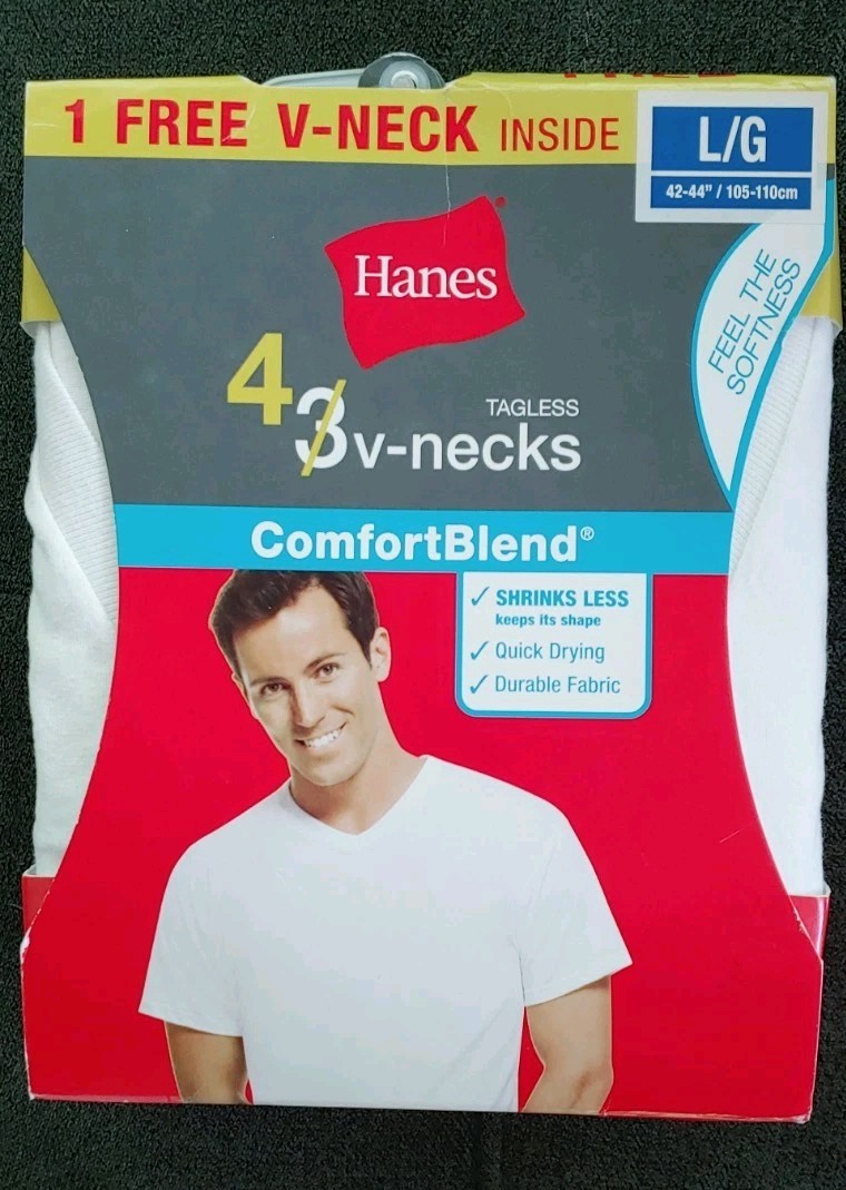 Hanes V-Neck T-Shirts Tagless ComfortBlend White Large New Old Stock 2014 gallery