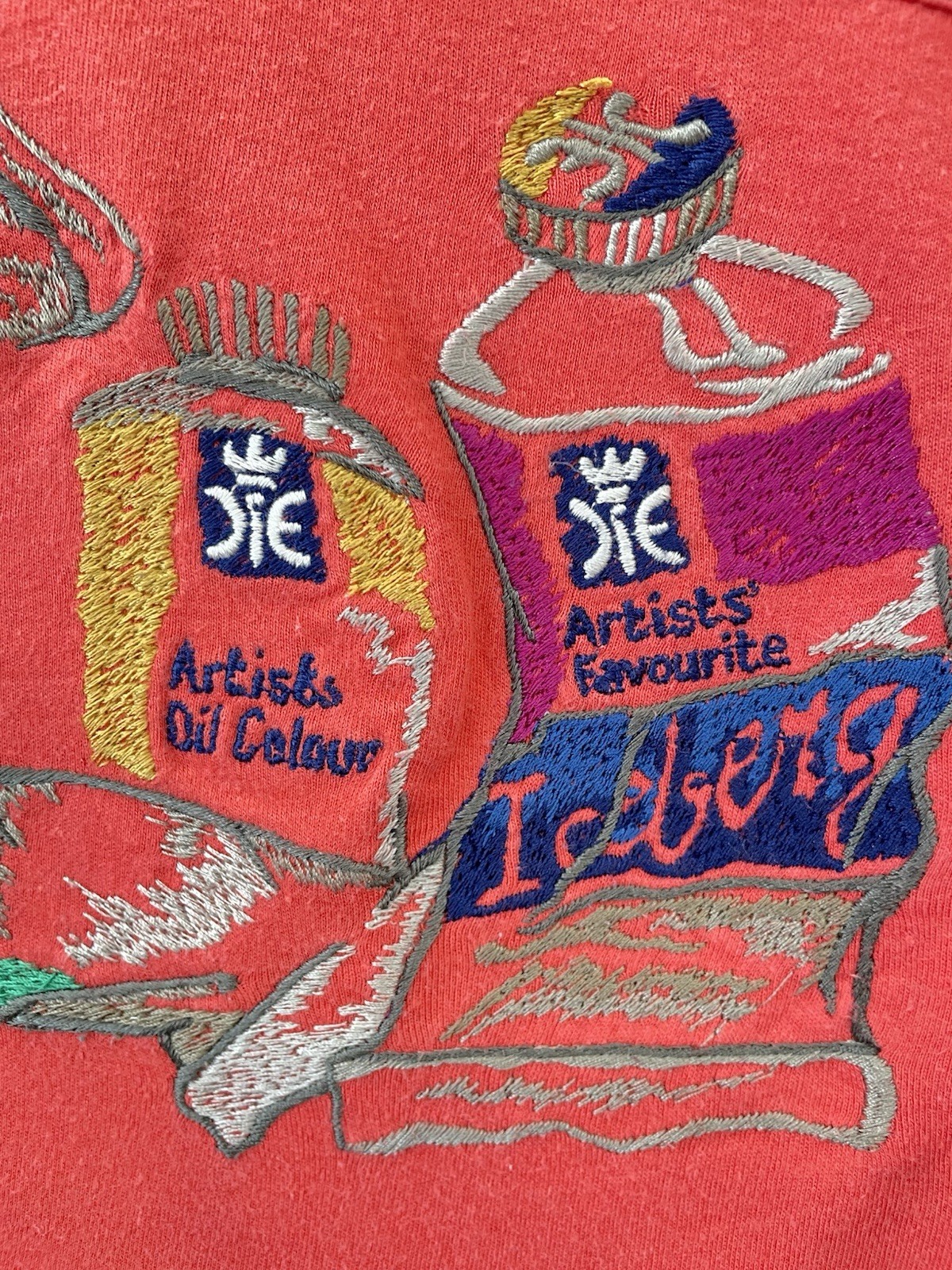 H30#Vintage ICEBERG Italy Red Graphic Paint Tube Embroidered T-Shirt Size L gallery