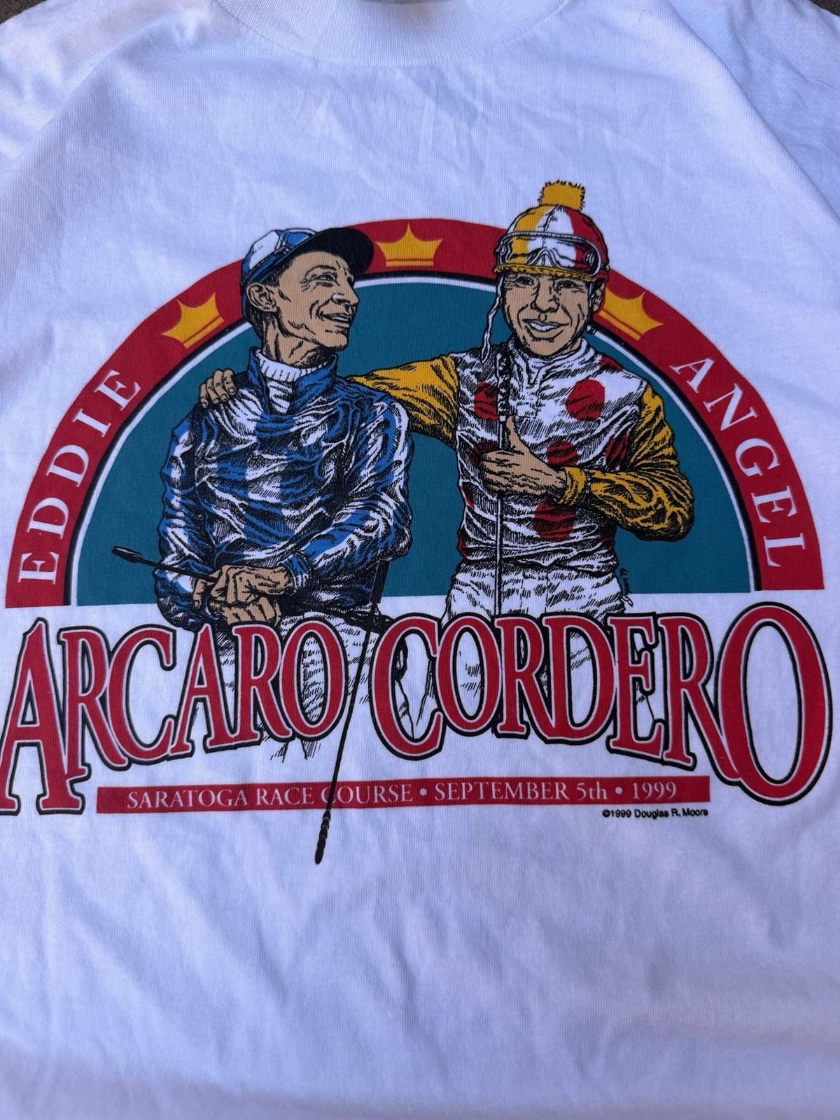 VTG 1999 Eddie Arcaro Angel Cordero Saratoga Race Course White T Shirt Men's L gallery
