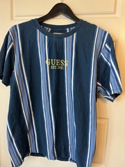 GUESS Originals Men’s Blue Striped Embroidered Logo Crew Neck T-Shirt Size M