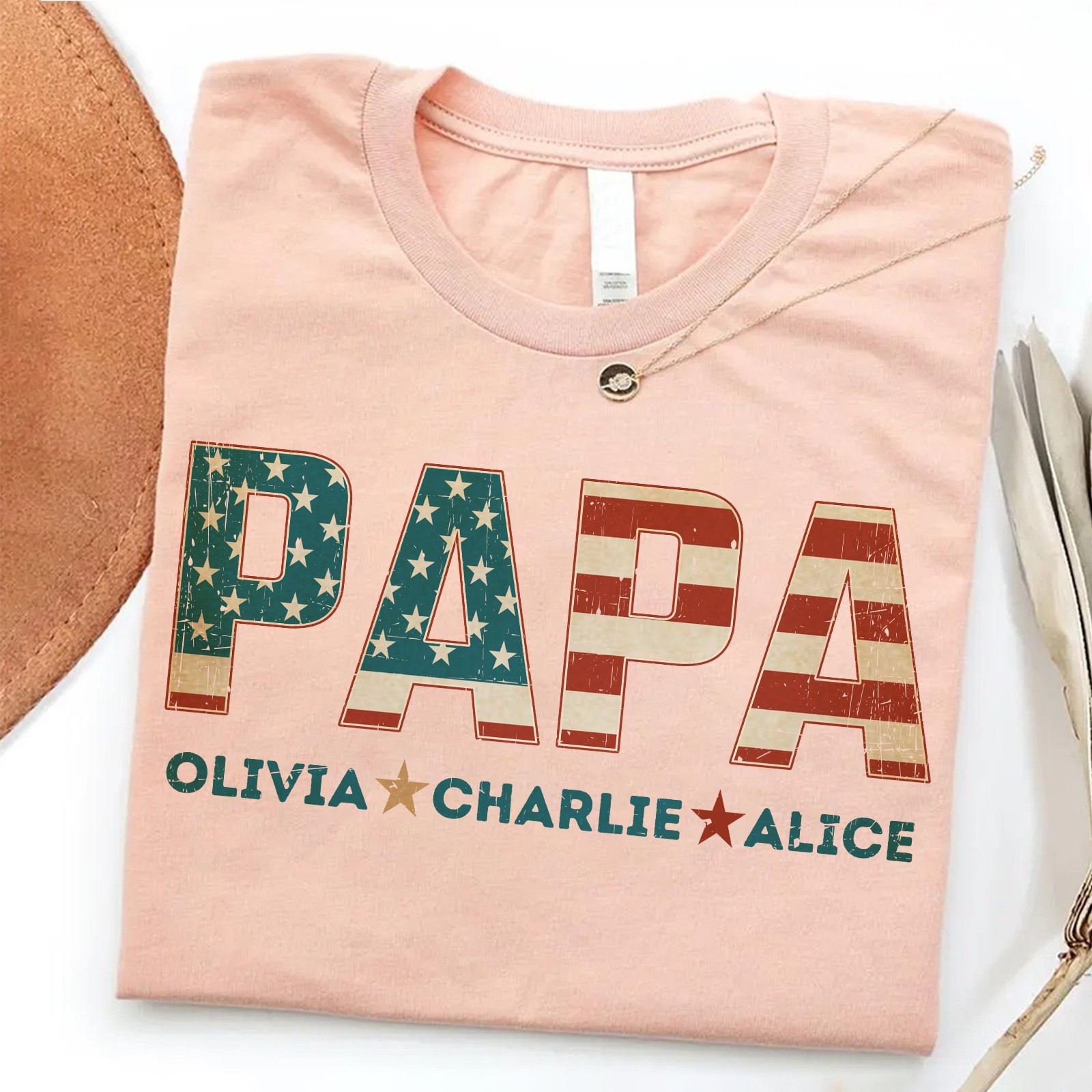 Personalized Papa Shirt Custom Kids Name Patriotic Dad USA Flag Fathers Gift Tee gallery