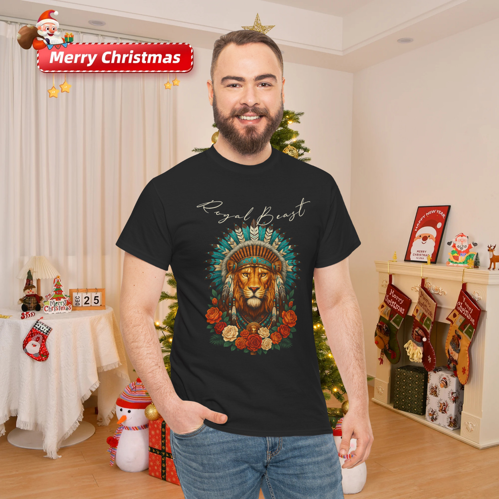 Regal Beast Lion Headdress Floral Graphic Tee Bold Tribal Style T-Shirt