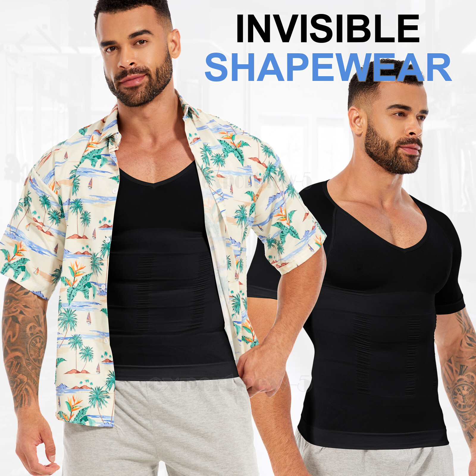 US Mens Compression V-Neck T-Shirt Moobs Slimming Tummy Control Body Shaper Tops gallery