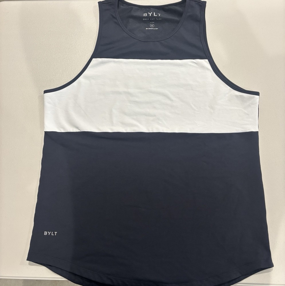 BYLT Premium Basics Lux Drop Cut Tank Mens XL Navy Blue White Colorblock Shirt