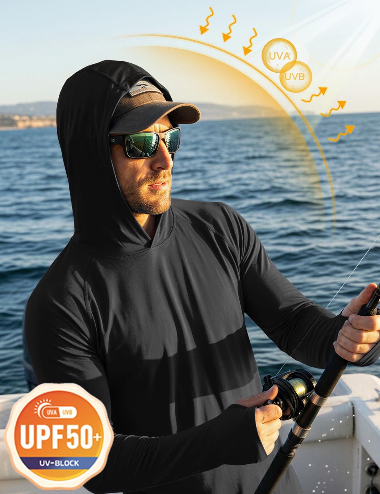 Fishing Shirts for Men's Long Sleeve Hooded Rash Guards UPF Sun Black X-Large gallery